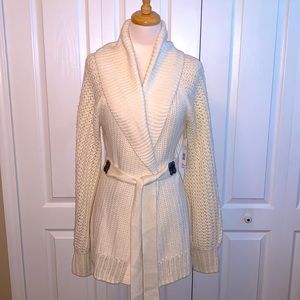Tahari Crochet Women’s Eggshell Sweater, Size Large, Long Sleeve, Waist Sash.